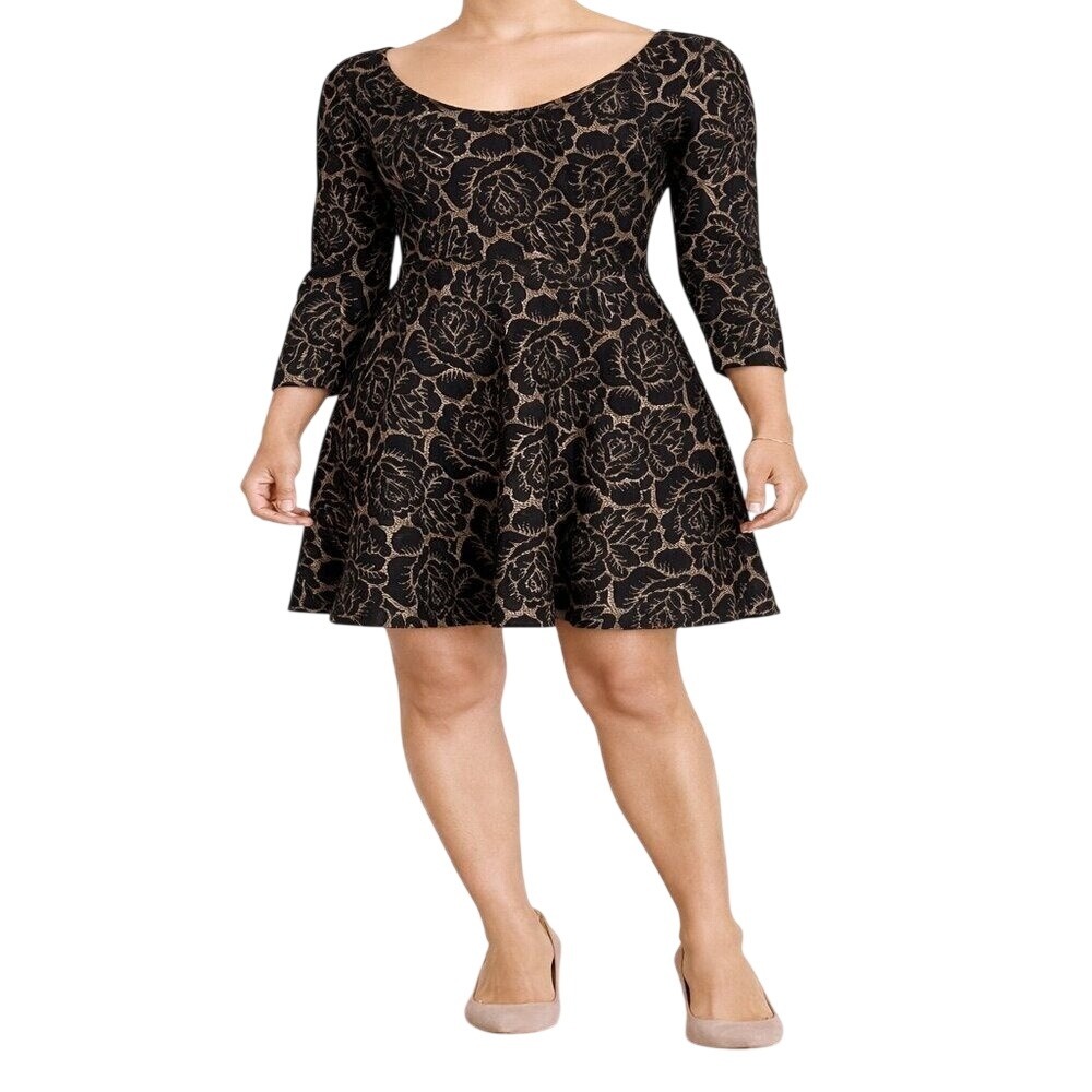 Altar'd State Skater Dress‎ Womens Medium Gold Black Floral Jacquard 3/4 Sleeve